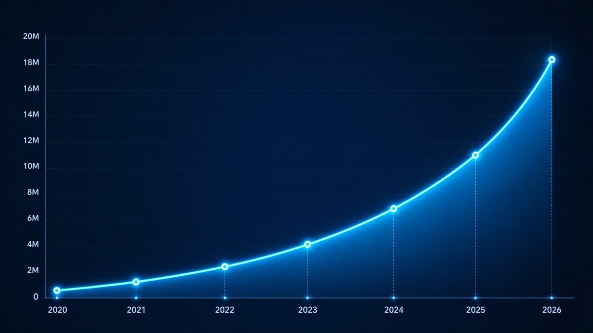 h漫画用户增长数据图表,展示2020-2026年注册用户从50万增长至1800万的趋势